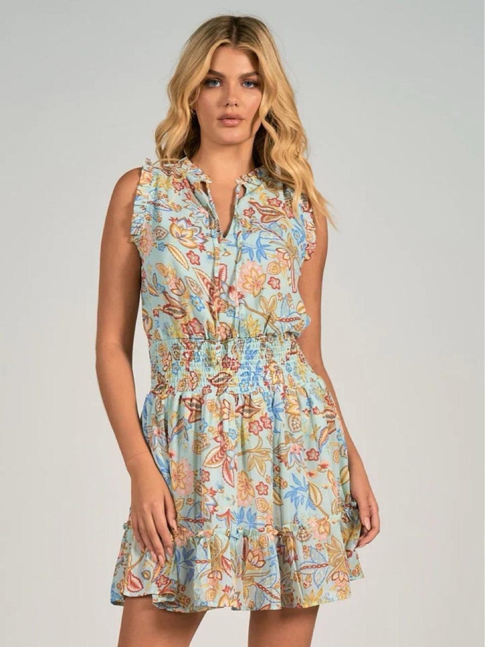 Elan Light Blue Floral Tie-Front Blouse